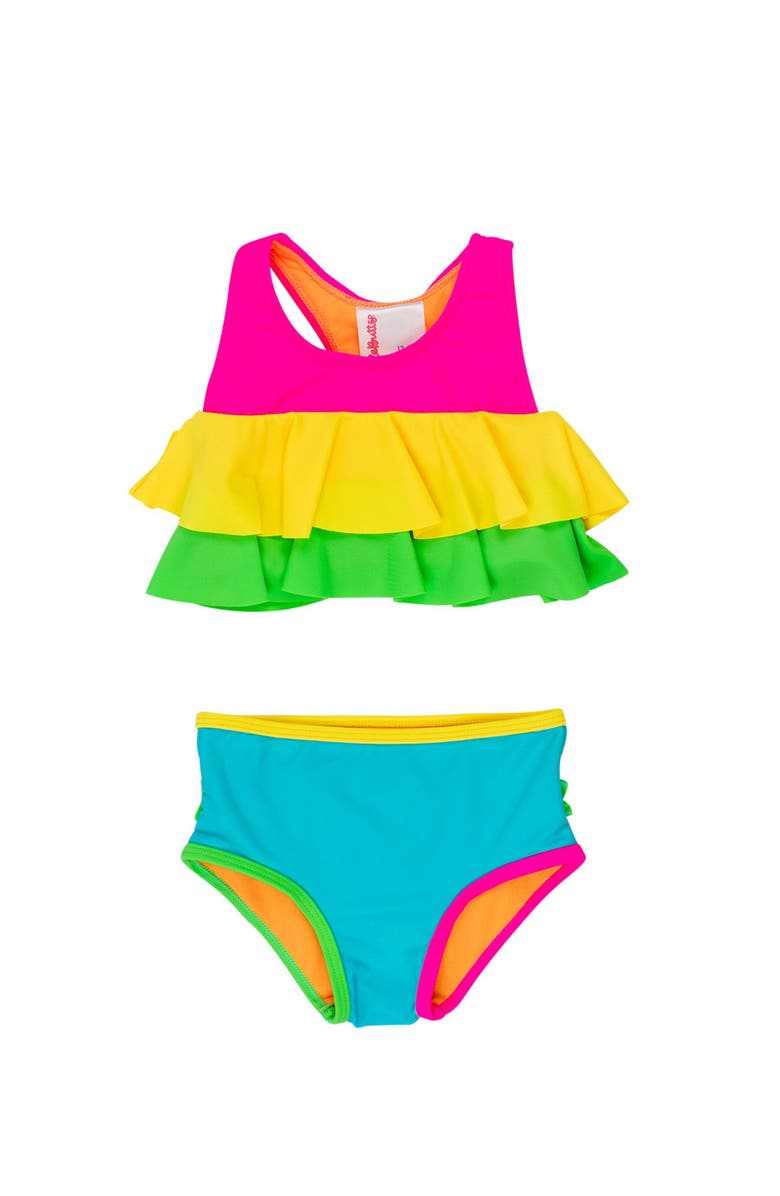 RuffleButts Toddler Girls Flounce Bikini, Main, color, Neon Color Block