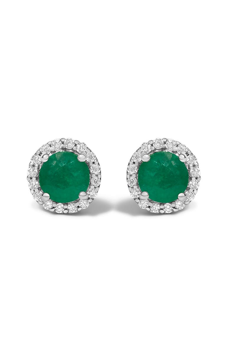 Haus of Brilliance 10K Gold Gemstone and 1/6 Cttw Diamond Halo Stud Earring, Main, color, White | Green Emerald
