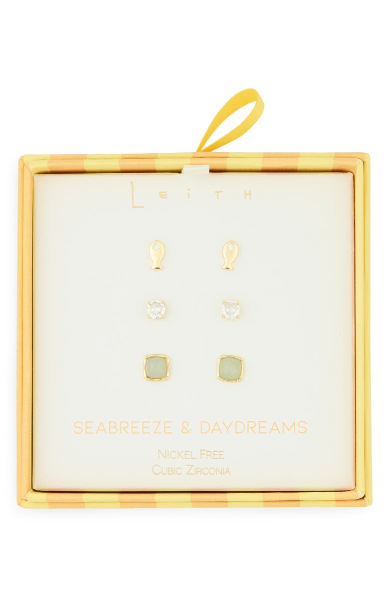 Leith Seabreeze & Daydreams Set of 3 Fish Stud Earrings, Main, color, Clear- Green- Gold