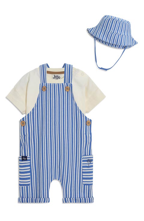 Stripe Cotton Shirt, Overalls & Hat Set (Baby)