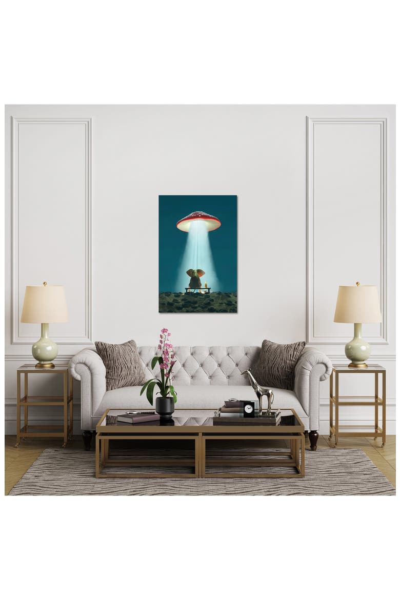 Elephant And Dog Look At A Flying Mushroom by Mike Kiev Canvas Wall Art, Alternate, color, BLUE/ GREEN