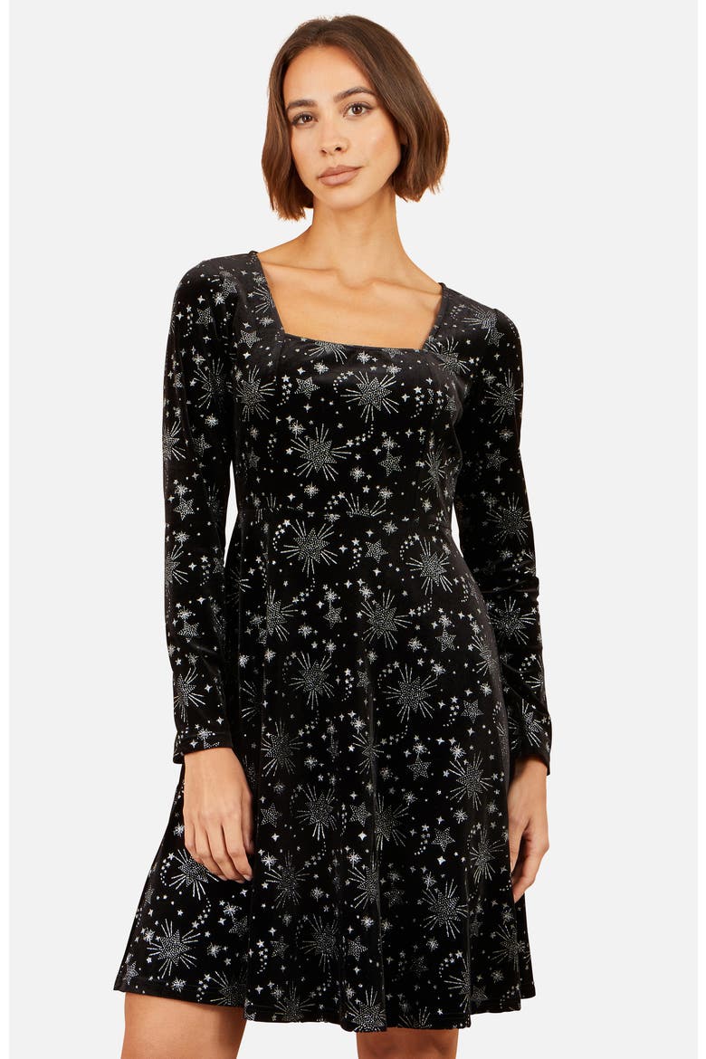 Starburst Foil Skater Dress, Alternate, color, Black