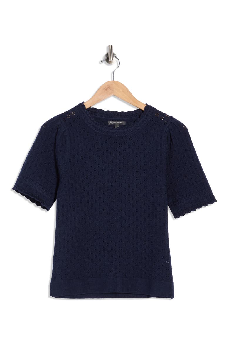 Pointelle Stitch Short Sleeve Sweater, Alternate, color, BLUE MOON
