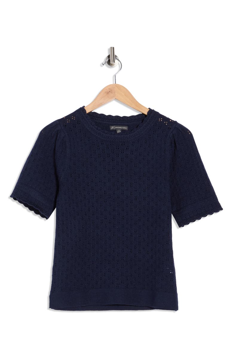 Adrianna Papell Pointelle Stitch Short Sleeve Sweater, Main, color, Blue Moon