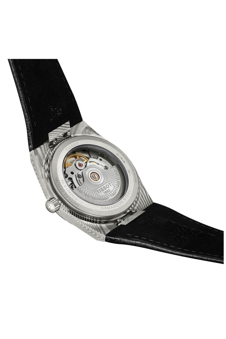 PRX Powermatic 80 Damascus Steel Leather Strap Watch, 38mm, Alternate, color, GREY