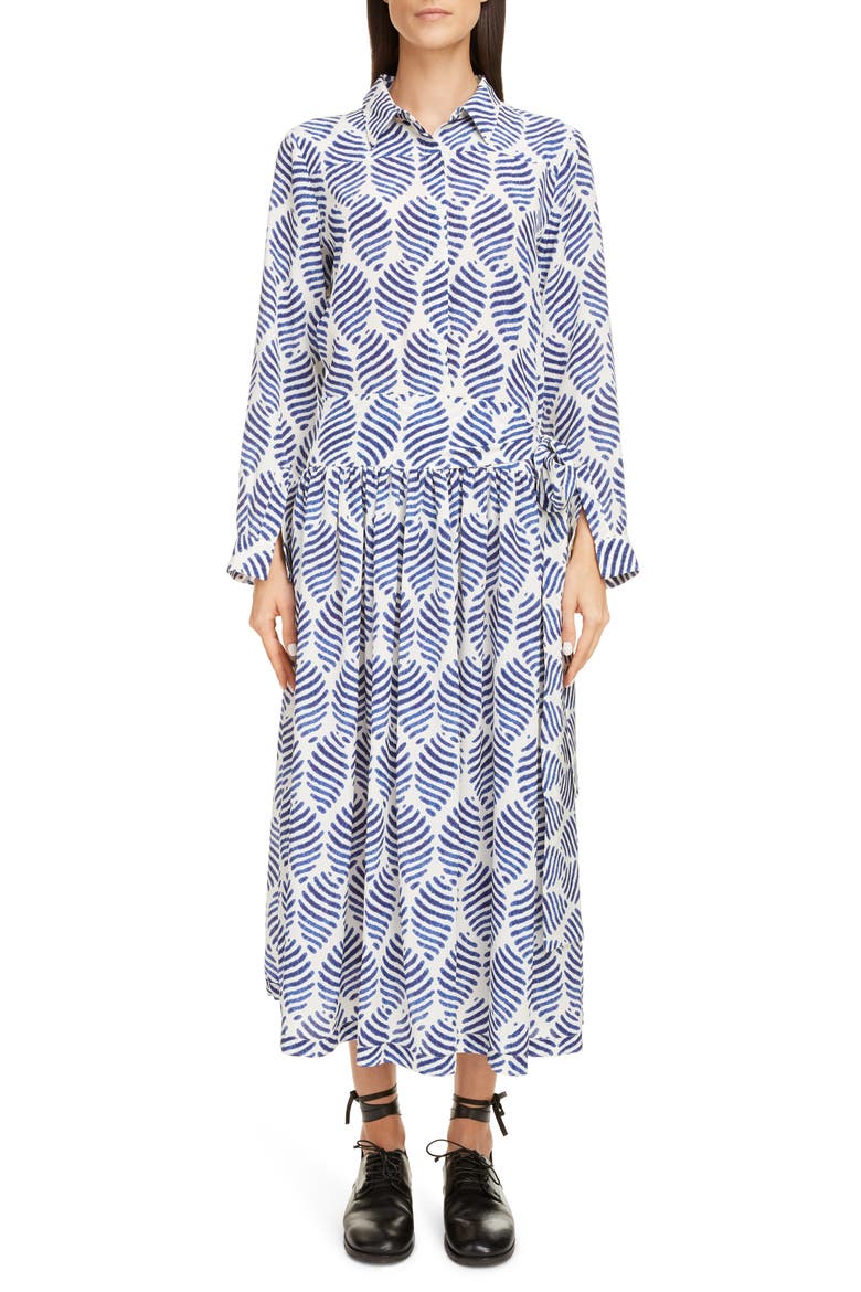 Block Print Long Sleeve Silk Crepe de Chine Shirtdress, Main, color, BLUE