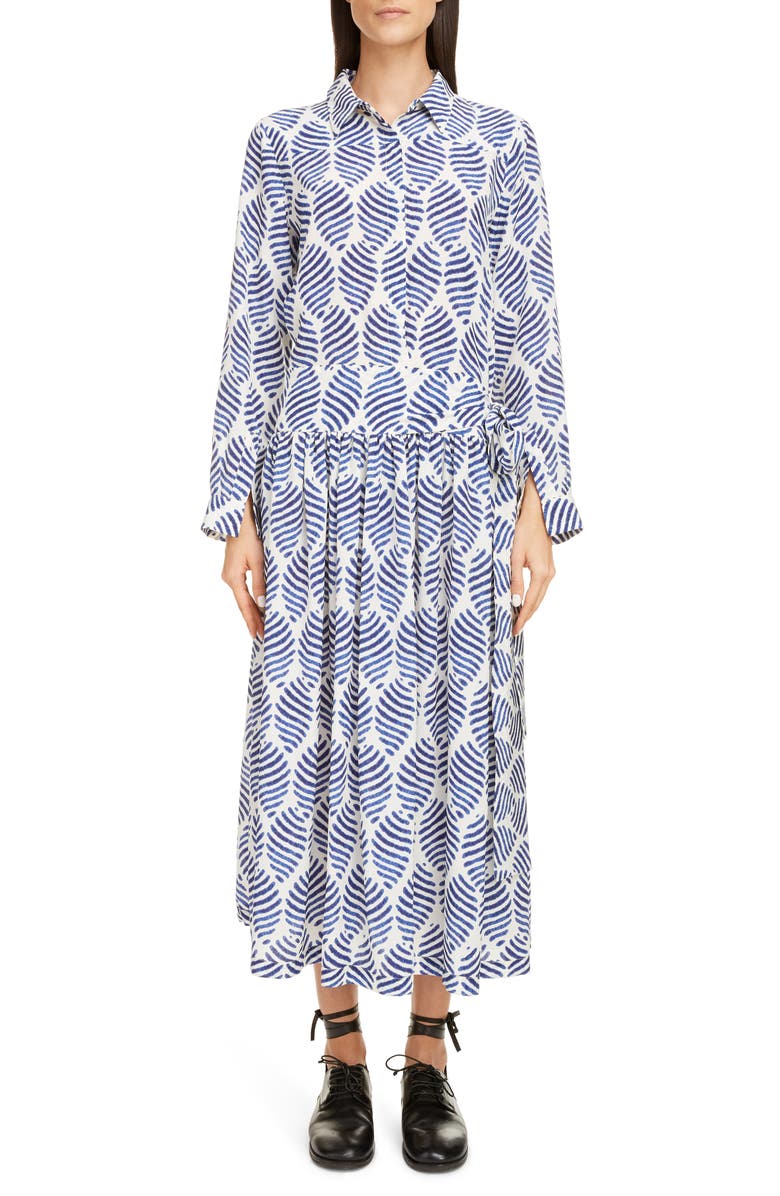 Sara Lanzi Block Print Long Sleeve Silk Crepe de Chine Shirtdress, Main, color,