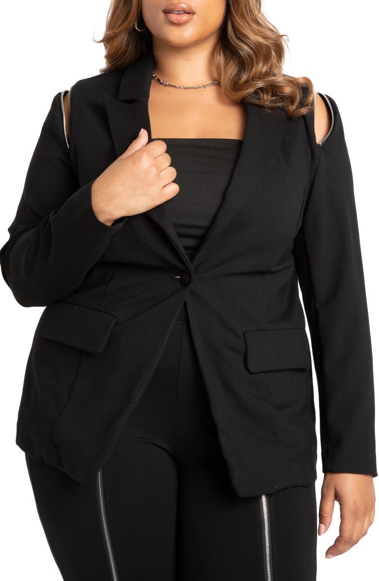 ELOQUII Zipper Detail Cold Shoulder Blazer, Main, color, 
