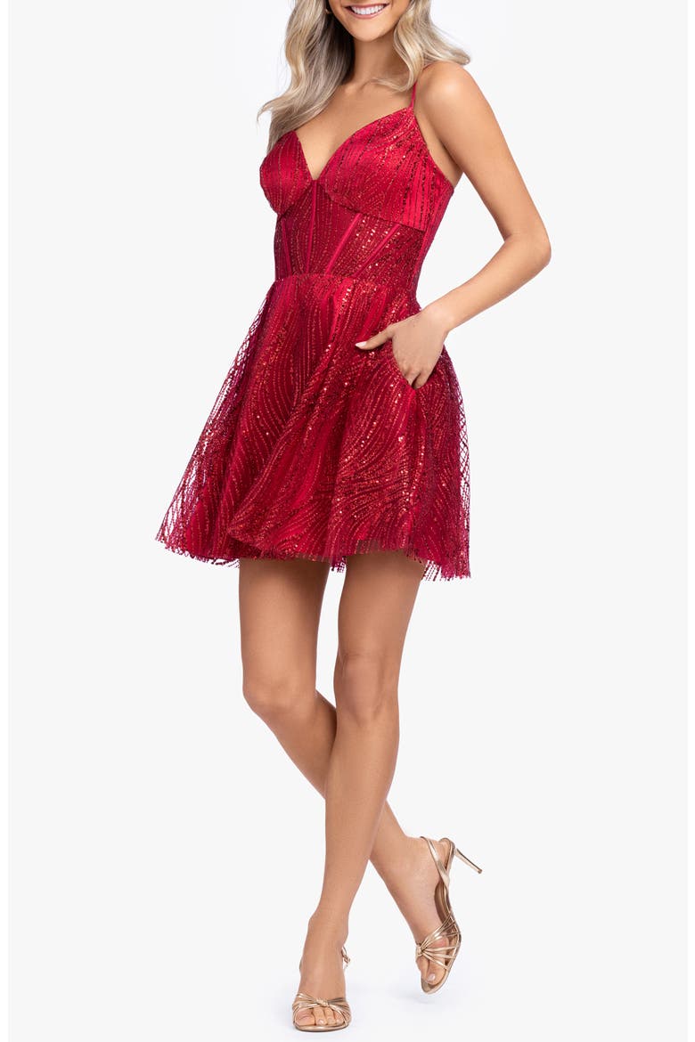 Sequin Sweetheart Neck Corset Fit & Flare Minidress, Alternate, color, RED