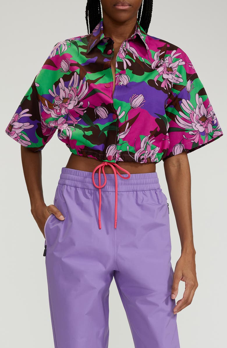 Moncler Floral Cotton Poplin Snap-Up Crop Shirt, Alternate, color,
