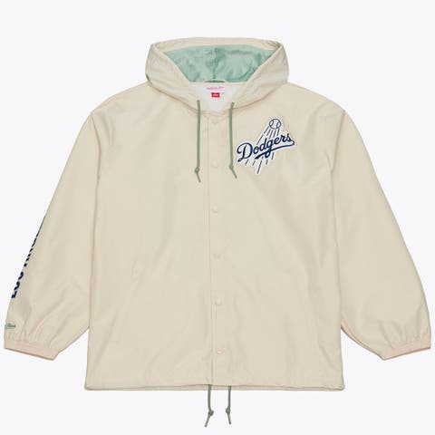 Men's Mitchell & Ness Fernando Valenzuela Cream Los Angeles Dodgers Full-Snap Yacht Rock Name & Number Hooded Coach's Jacket
