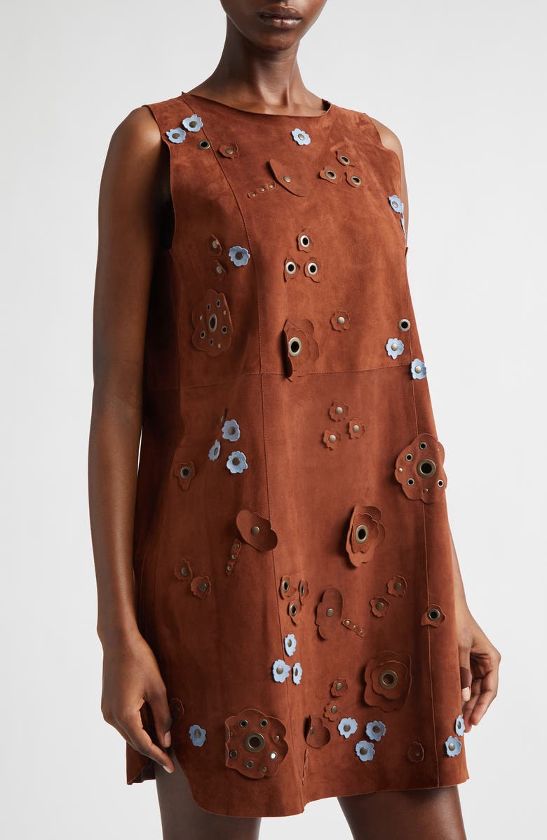 Marni Floral Appliqué Suede Shift Dress, Alternate, color, Tobacco