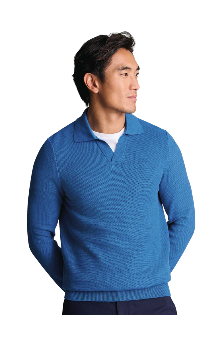 Charles Tyrwhitt Cotton Honeycomb Trophy Neck Sweater, Main, color, Mid Blue