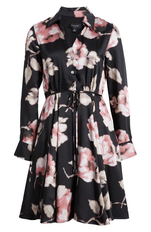 Tahari Asl Floral Long Sleeve Shirtdress In Black Pink