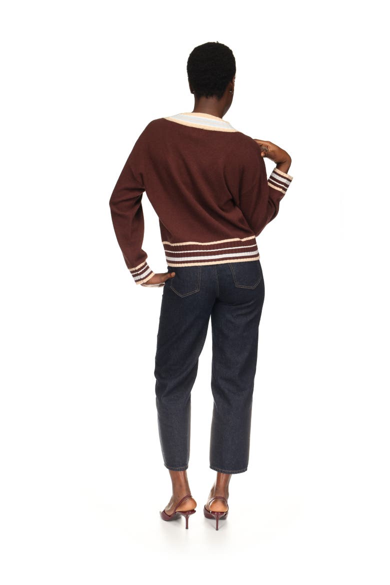 Stitchy Trim V-Neck Sweater, Alternate, color, Cocoa
