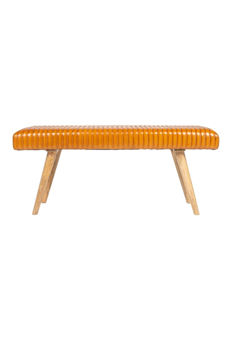 Mango Wood and Leather Grid Bench, Brown, Alternate, color, Brown