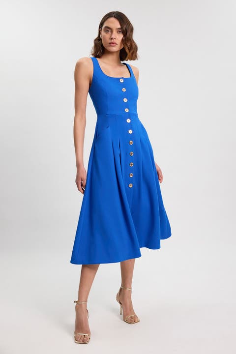 Square Neck Button-Front Midi Dress