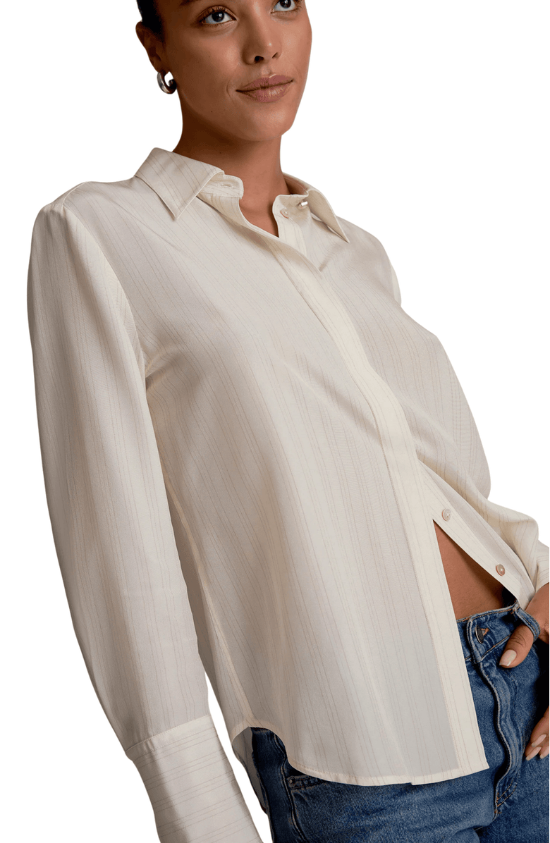 M.M.LaFleur Mira Printed Washable Silk Anywhere Shirt, Alternate, color, Mixed Stripe