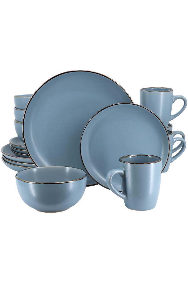Gibson Home Rockaway 16 Piece Stoneware Metallic Rim Dinnerware Set, Main, color, Blue