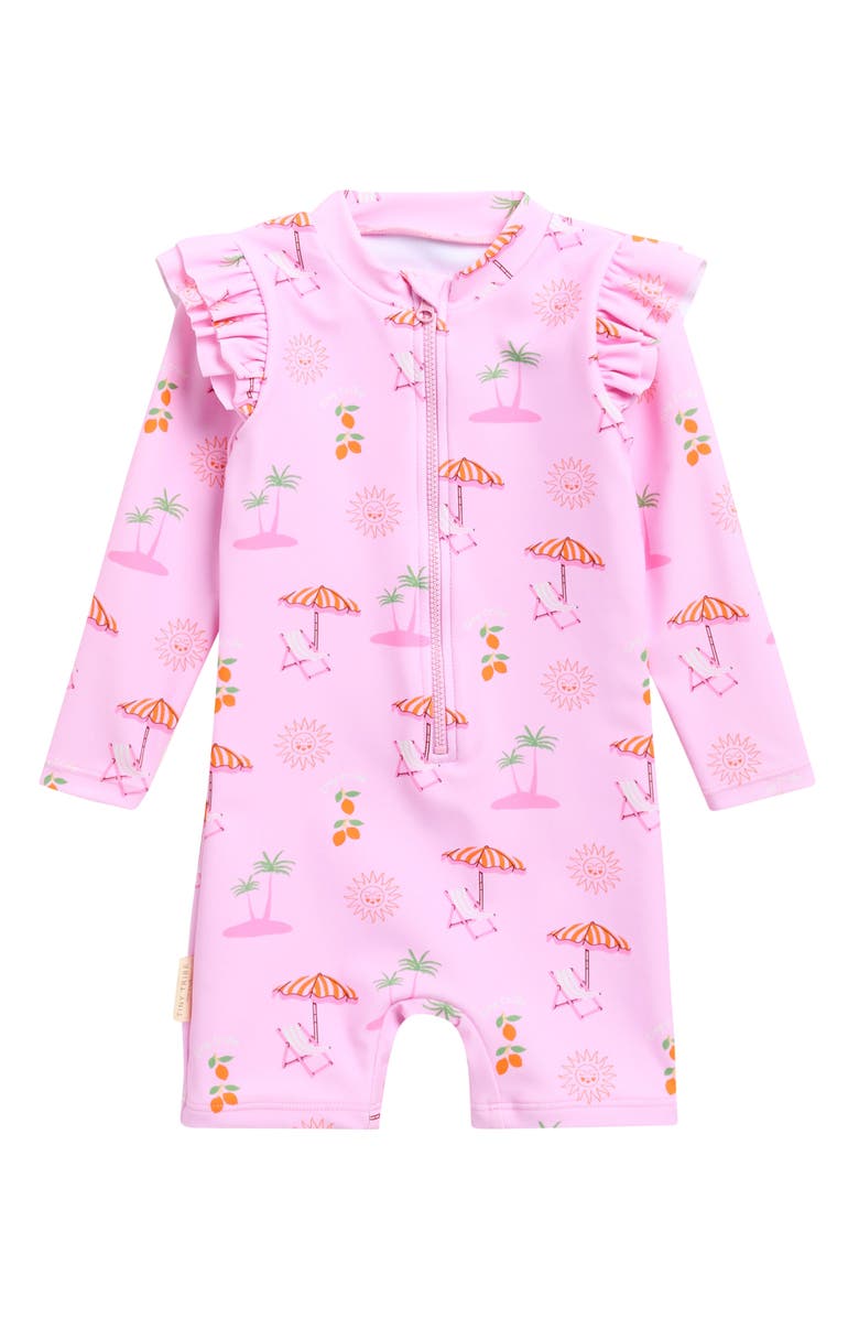 TINY TRIBE Summer Paradise Ruffle Long Sleeve UPF 50+ One-Piece Rashguard Swimsuit, Main, color, Pink