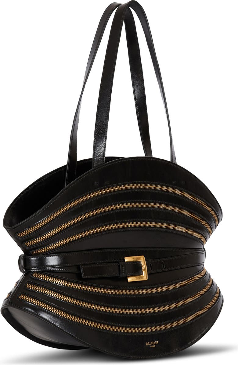 Balmain Medium Shuffle Zips bag in calfskin leather, Alternate, color, Black