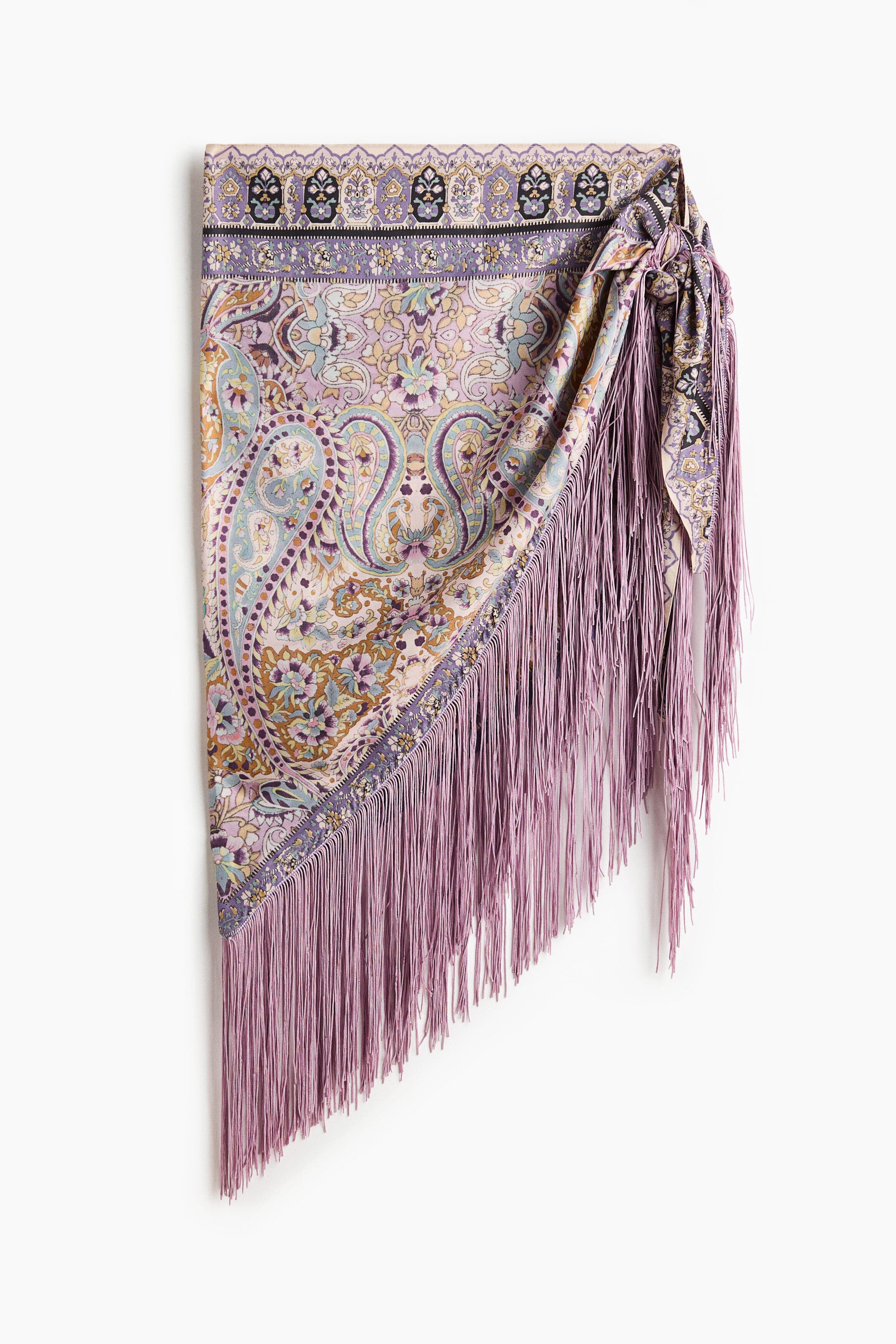 H&M Fringed Satin Hip Scarf, Main, color, Dusty Purple/Paisley