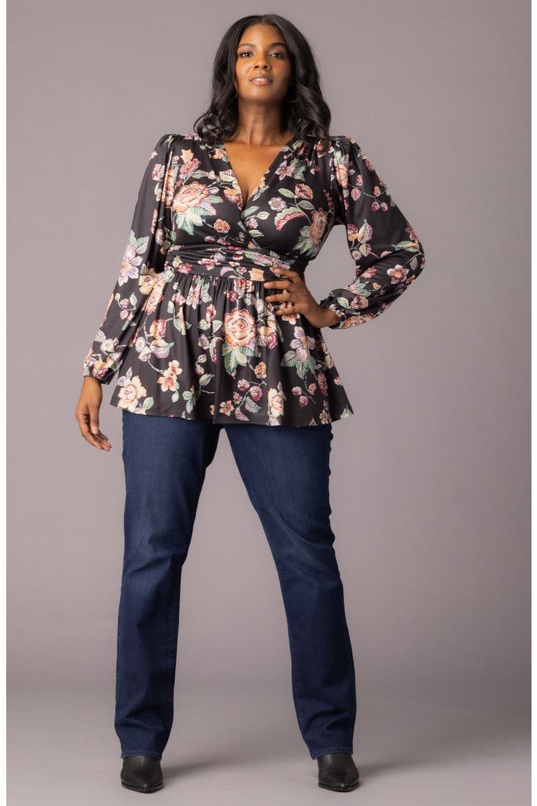 Leah Gathered Top, Alternate, color, BLACK FLORAL MOTIF