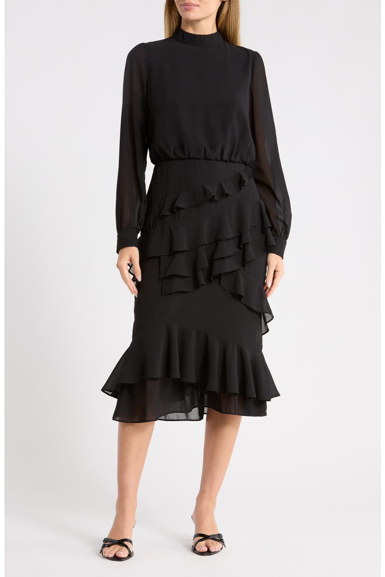 Evelyn Mock Neck Ruffle Long Sleeve Midi Dress, Main, color, BLACK