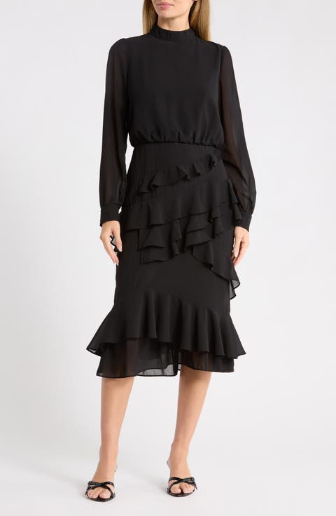 Evelyn Mock Neck Ruffle Long Sleeve Midi Dress