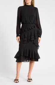 AREA STARS Evelyn Mock Neck Ruffle Long Sleeve Midi Dress