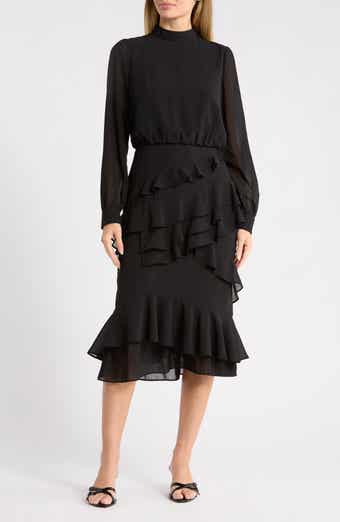 Evelyn Mock Neck Ruffle Long Sleeve Midi Dress