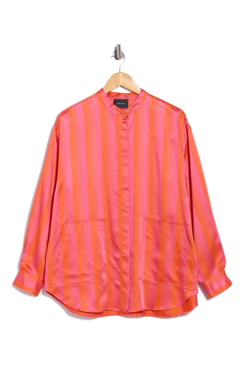 Stripe Long Sleeve Satin Button-Up Shirt, Main, color, FUCHSIA/ ORANGE
