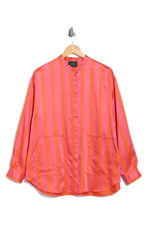 Stripe Long Sleeve Satin Button-Up Shirt