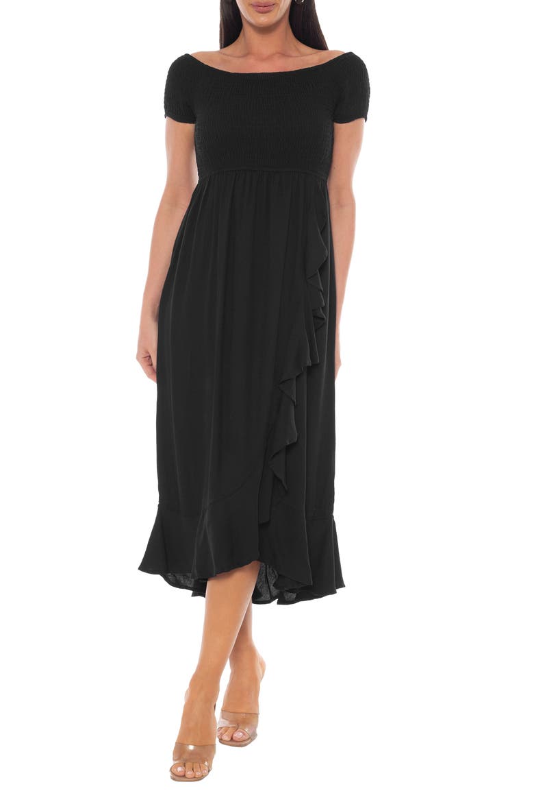 Cap Sleeve Smocked Midi Dress, Main, color, BLACK