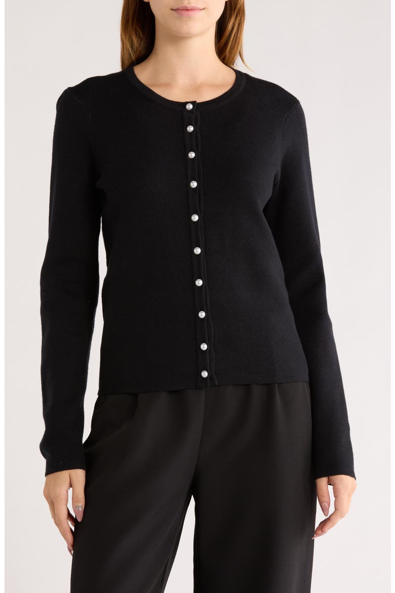 Faux Pearl Button Cardigan, Main, color, BLACK