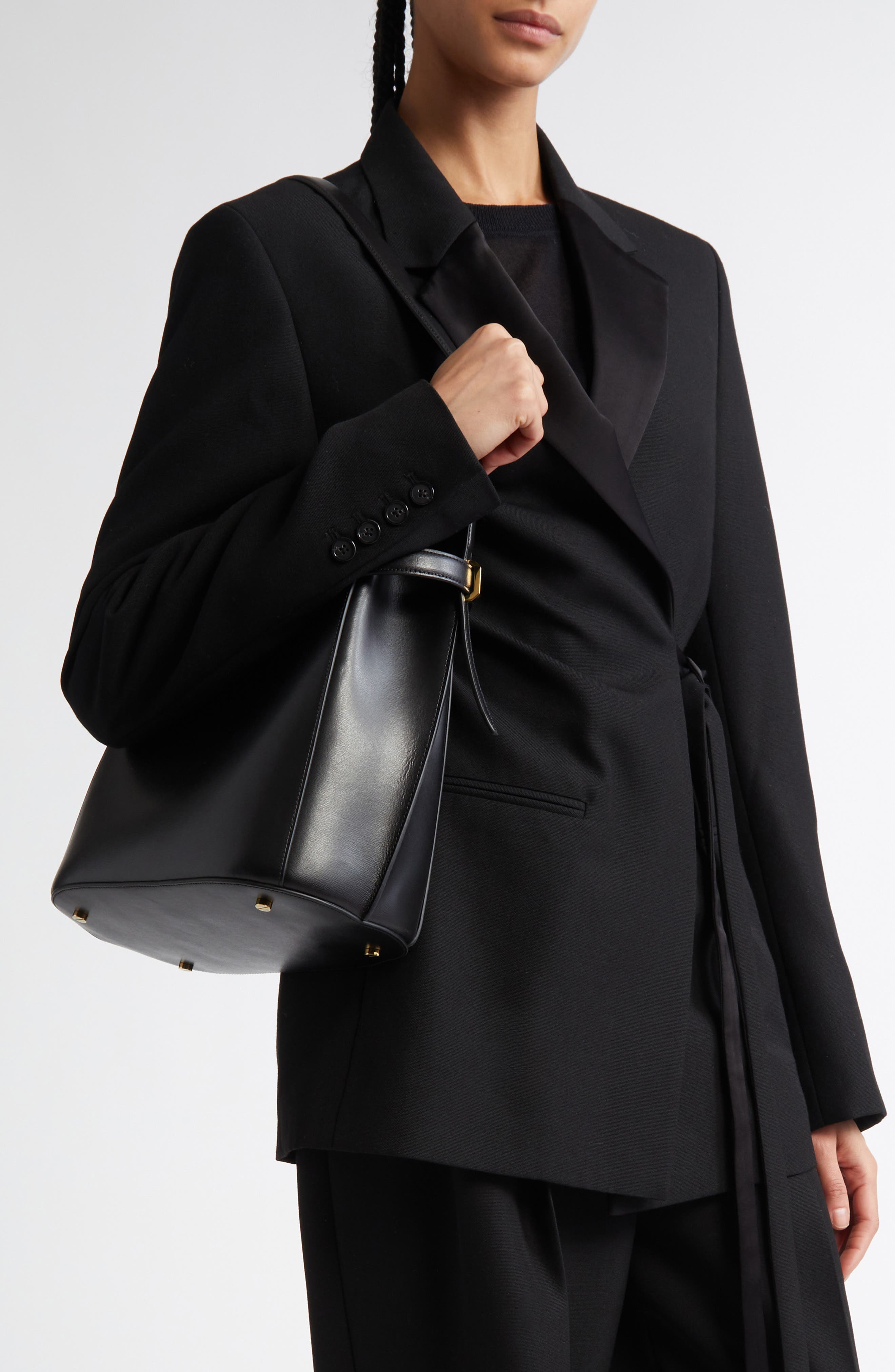 TOTEME Belted Leather Bucket Bag, Alternate, color, Black