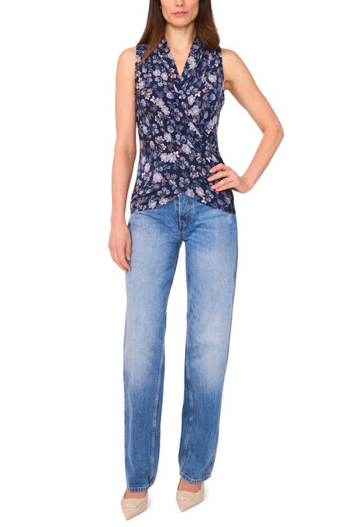 Vince Camuto Floral Surplice V-neck Sleeveless Jersey Top In Blue