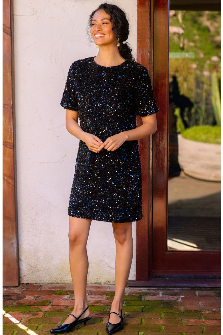 Velvet Sequin Shift Minidress, Alternate, color, BLACK