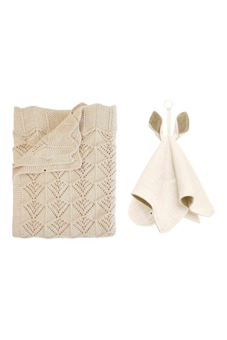 Organic Cotton Wavy Knit Baby Blanket & Kangaroo Cuddle Cloth Set, Main, color, IVORY
