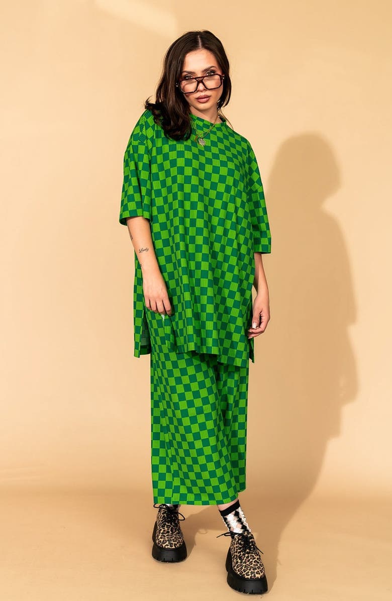 Dressed in Lala Lex Ribbed Oversize T-Shirt & High Waist Crop Pants Set, Alternate, color, Lucky Green Check