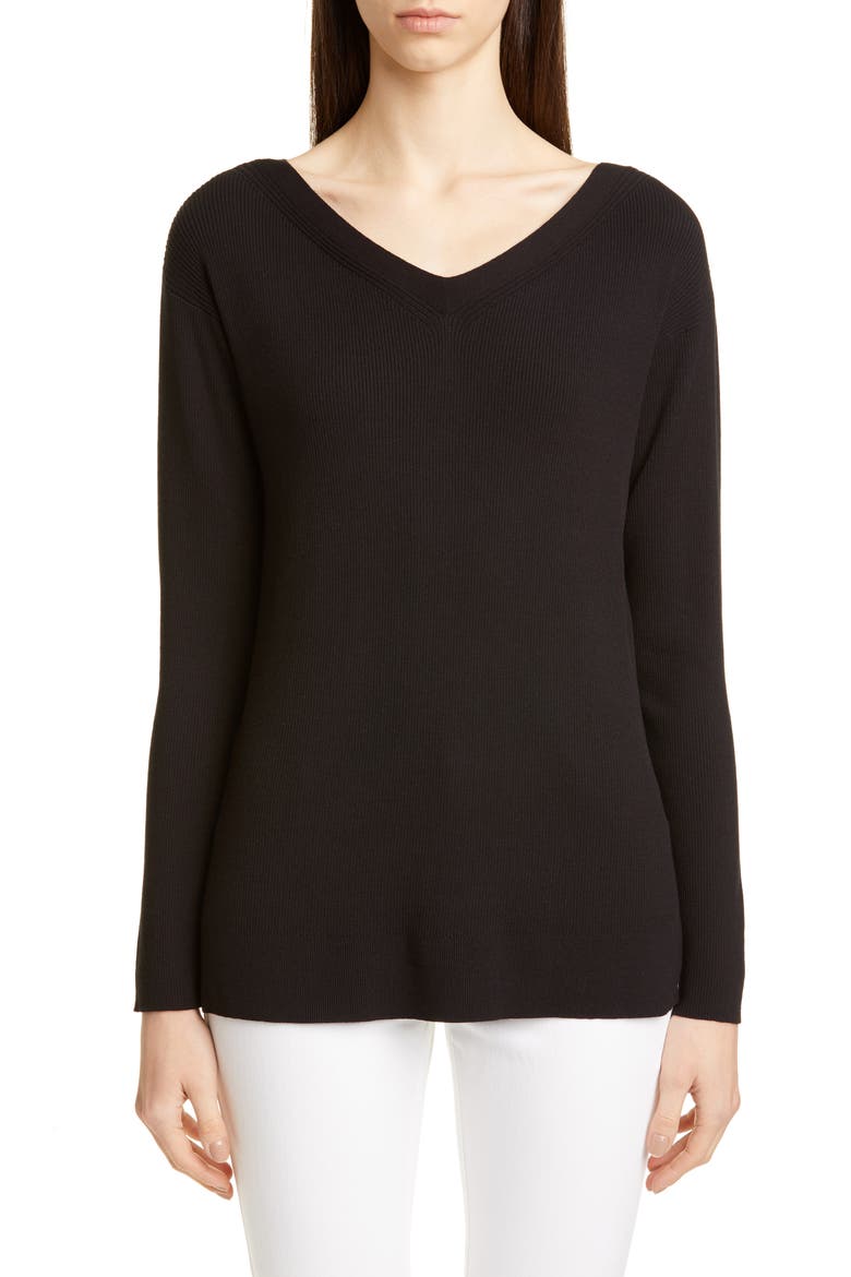Wide V-Neck Tunic Sweater, Main, color, BLACK