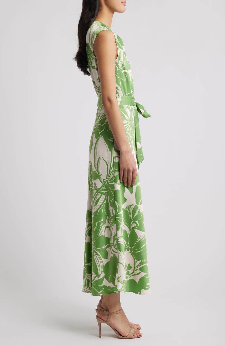 Tahari ASL Floral Cross Neck Sleeveless Midi Dress, Alternate, color, Fern Sand