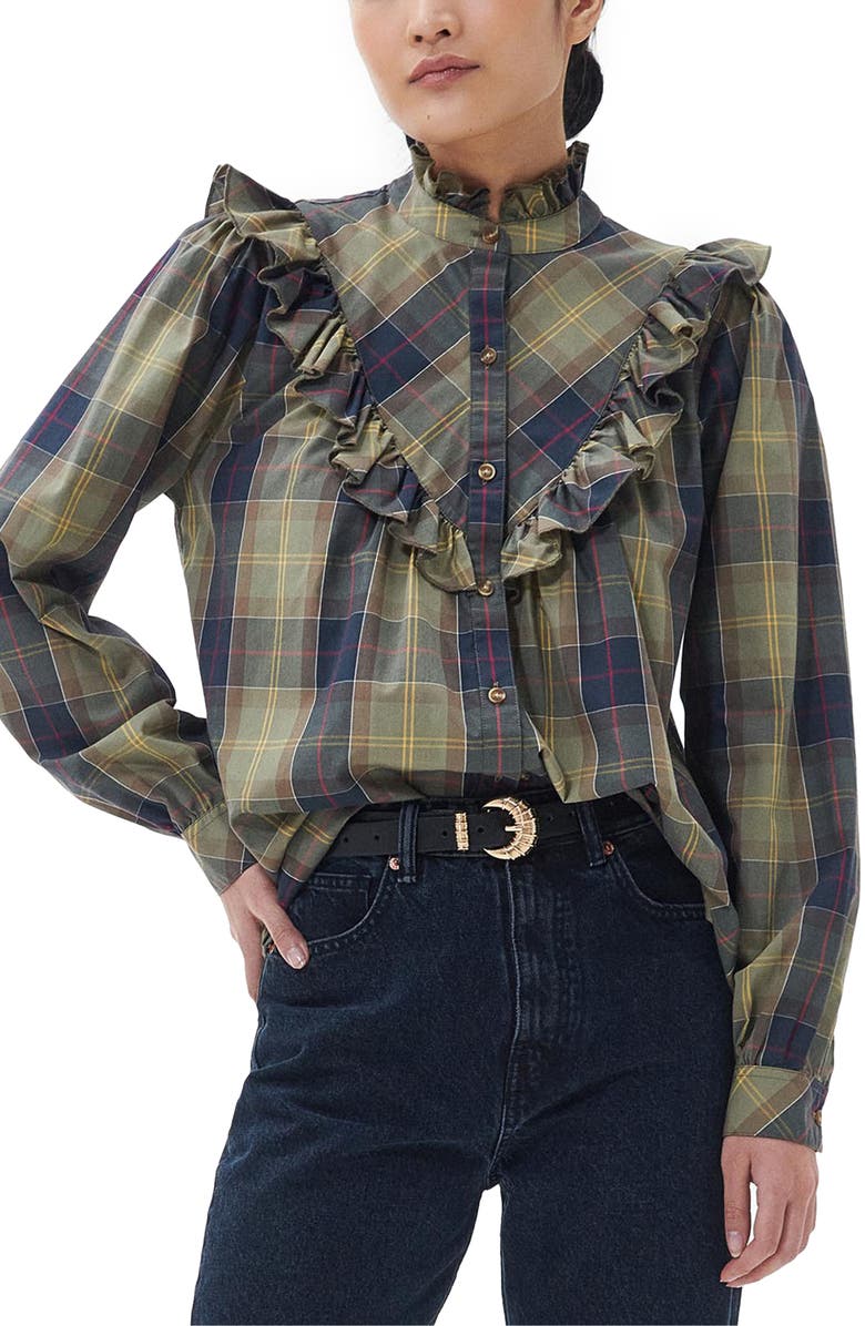 Barbour Holwick Plaid Ruffle Cotton Blouse, Main, color,