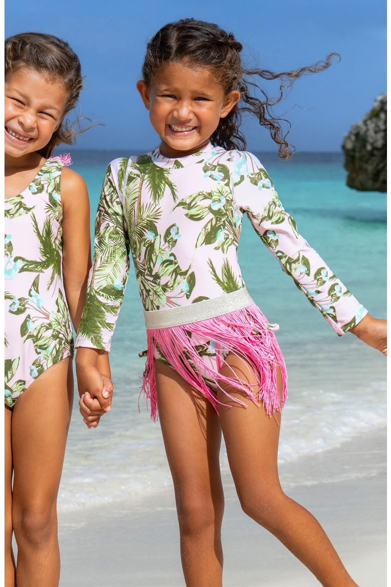 Kids' Blush Tropics One-Piece Rashguard Swimsuit & Fringe Cover-Up Skirt Set, Alternate, color, PINK