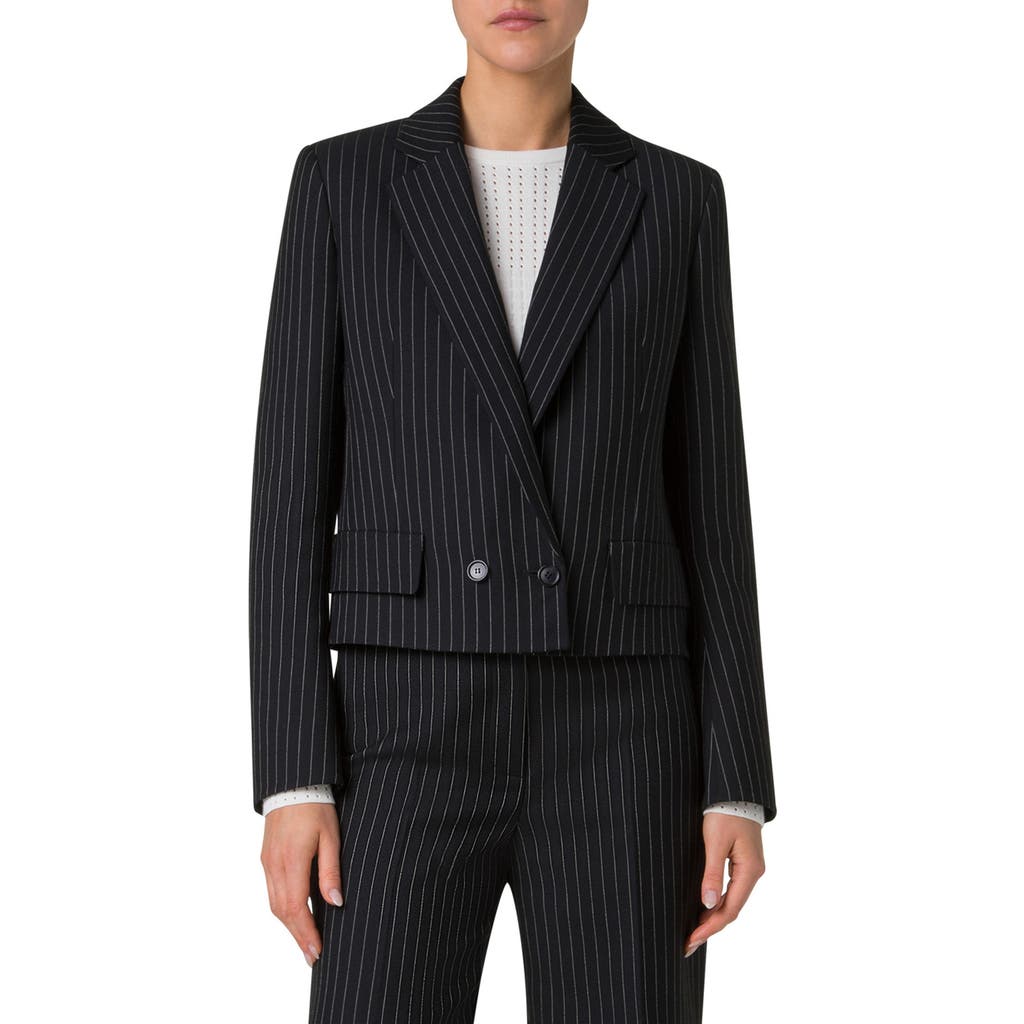 Akris Adele Pinstripe Double-breasted Short Jacket In Black-cream