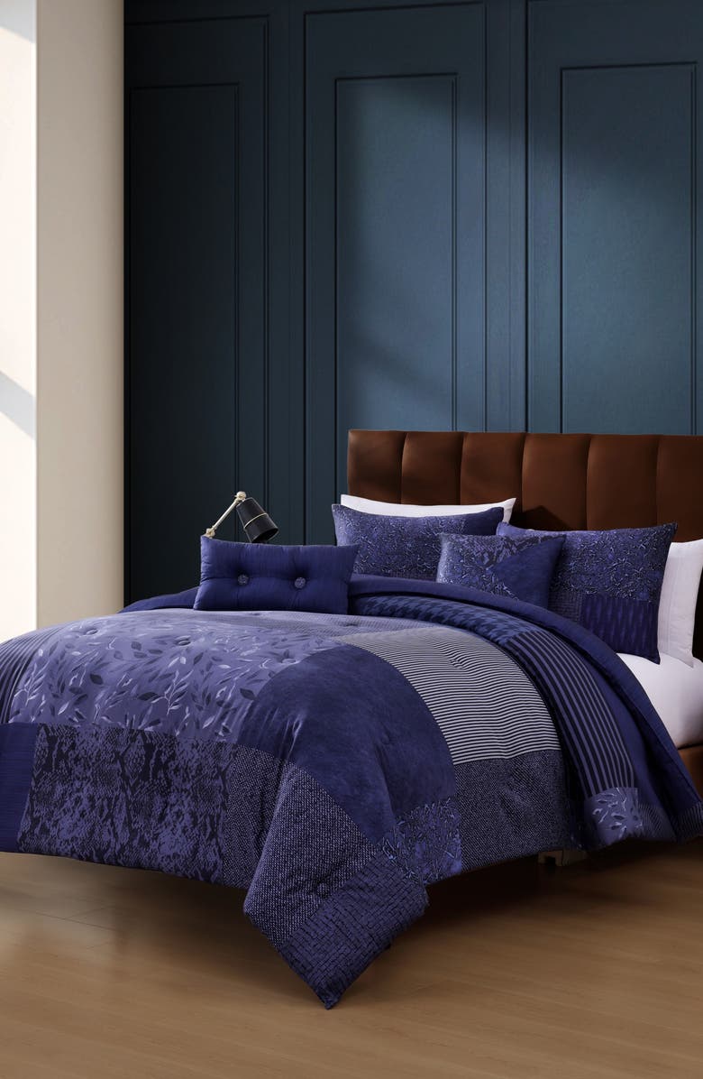 Bebejan Blue Denim Patchwork 5-Piece Comforter Set, Alternate, color, Blue