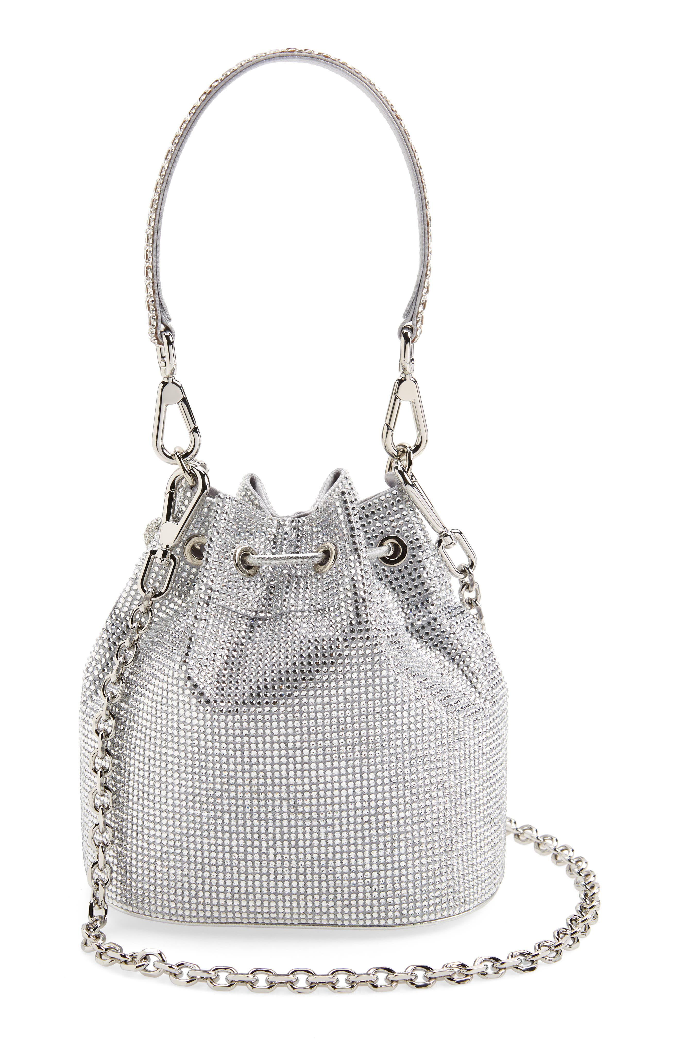 Piper Crystal Embellished Bucket Bag, Alternate, color, SILVER RHINE