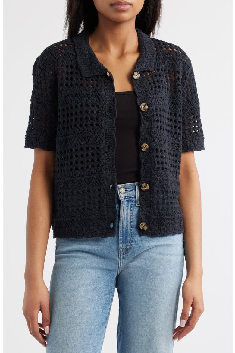 Penny Open Knit Short Sleeve Cardigan, Alternate, color, BLACK