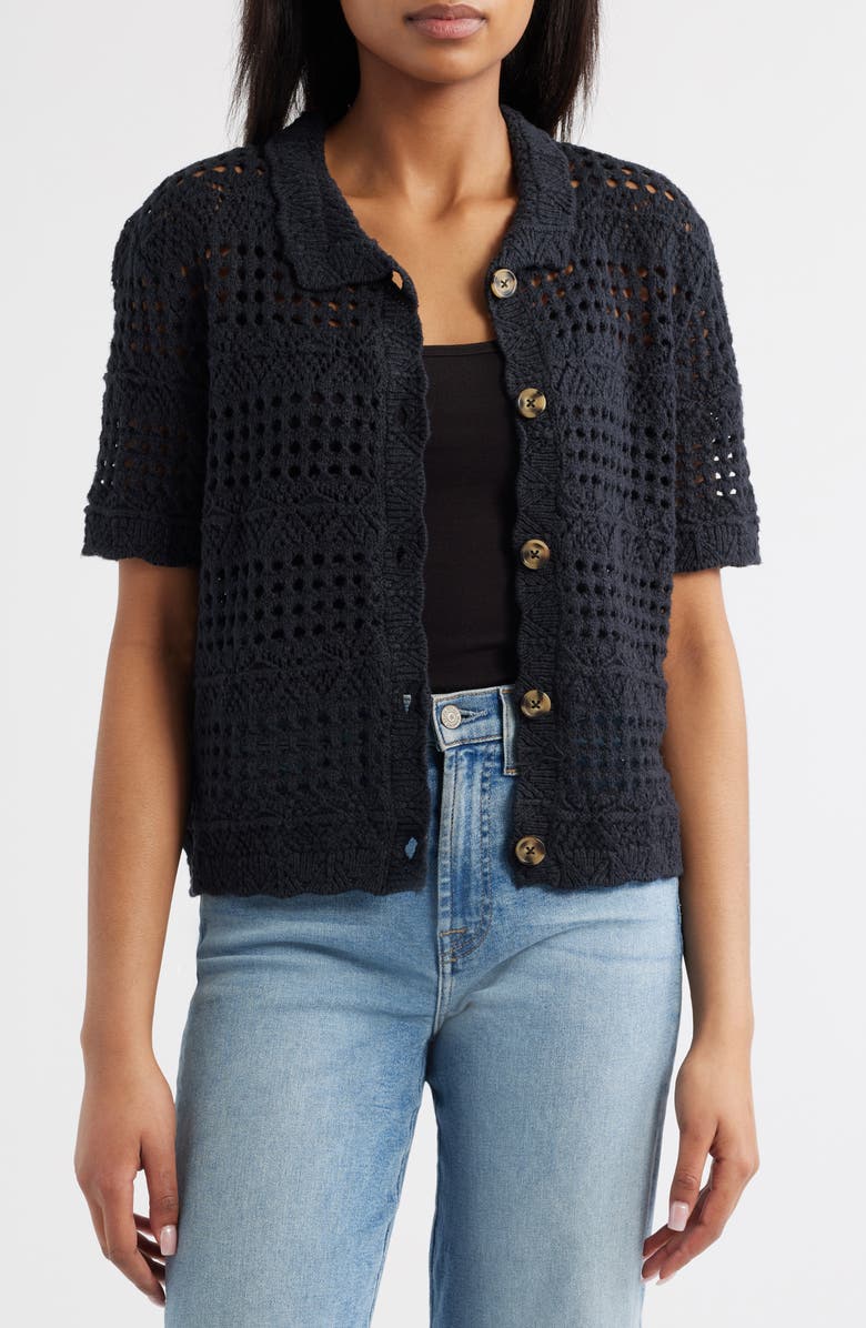 beachlunchlounge Penny Open Knit Short Sleeve Cardigan, Alternate, color, Black
