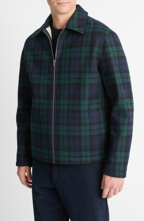 Plaid Fleece Lined Wool Blend Zip-Up Jacket